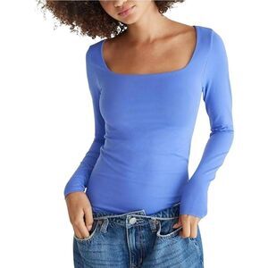 Periwinkle Blue Women's Poly/Spandex Square Neck Long Sleeve Fitted Shirt